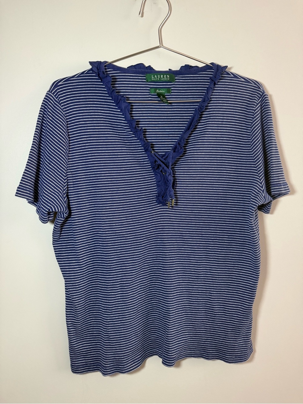 Lauren Ralph Lauren Blue and White Striped Ruffle V-Neck Top Size 1X Nautical
